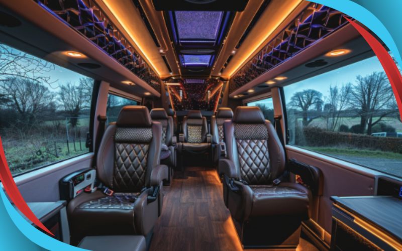 Interior view of a luxury coach available for hire in the UK showing plush seats and amenities, May 2024, the United Kingdom, Coach hire near me .